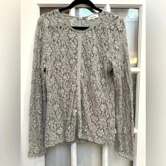 Vintage Calvin Klein Grey Stretchy Lace Floral Long Sleeve Blouse Size Large Y2K - Picture 1 of 8